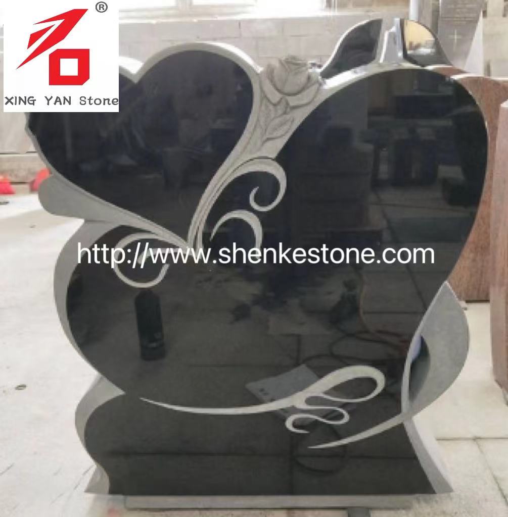 Headstone jantung granit ireng sing berkualitas tinggi kanthi kembang